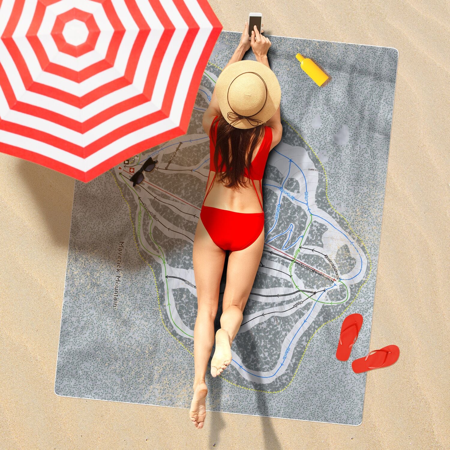 Maverick Mountain, Montana Ski Resort Map Printed Beach Towel - Powderaddicts