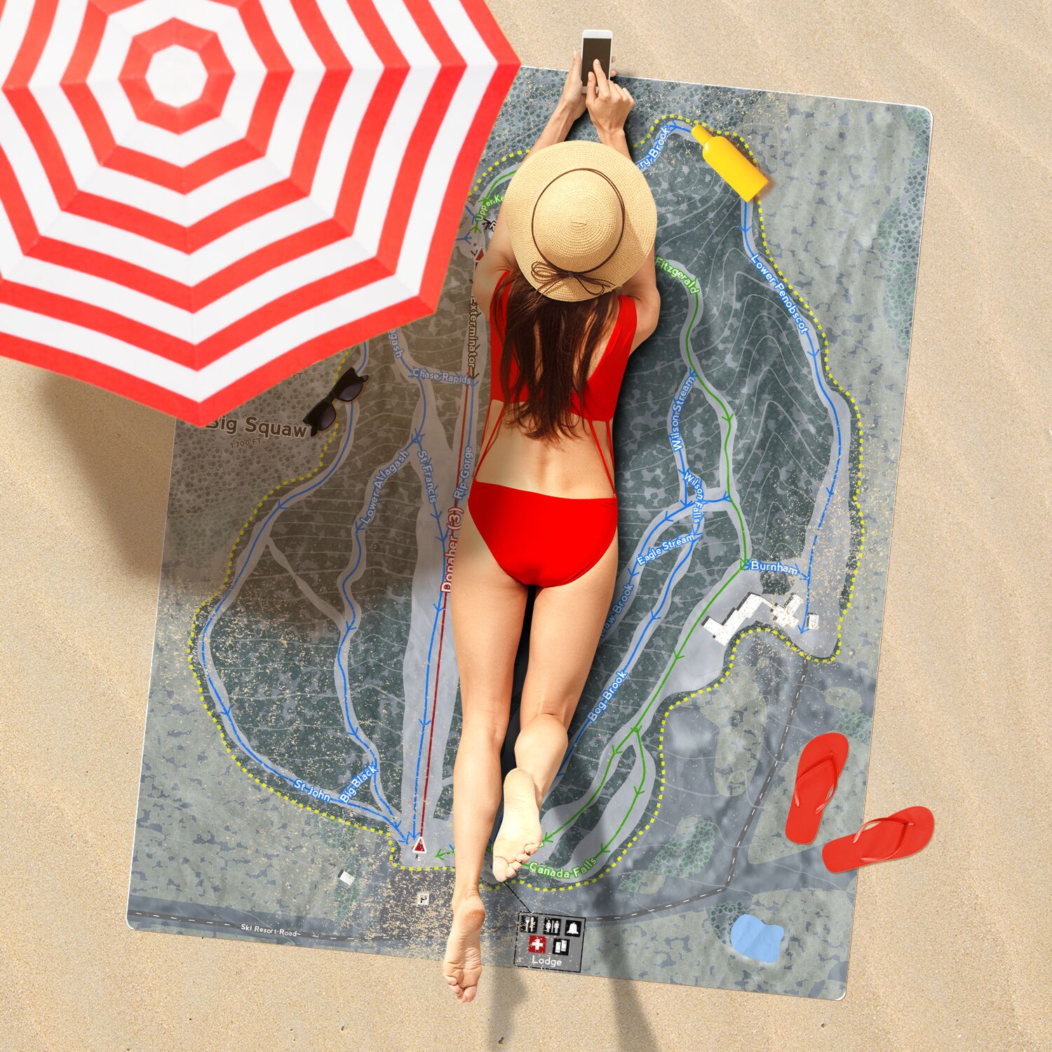 Big Squaw, Maine Ski Resort Map Printed Beach Towel - Powderaddicts