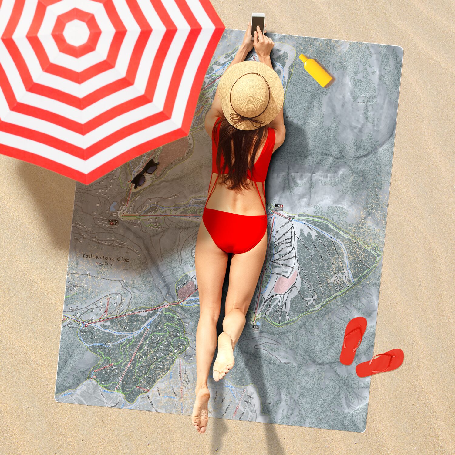 Yellowstone Club, Montana Ski Resort Map Printed Beach Towel - Powderaddicts