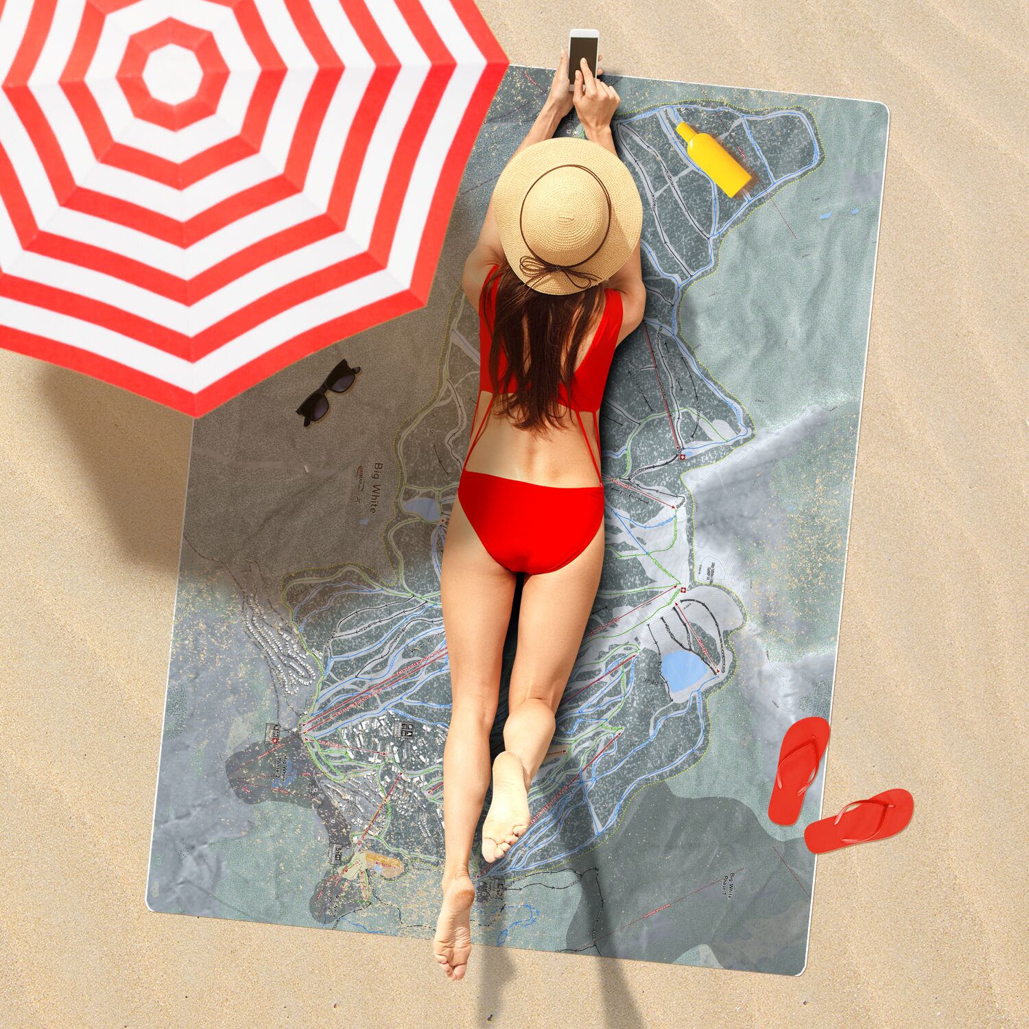 Big White, British Columbia Ski Resort Map Printed Beach Towel - Powderaddicts