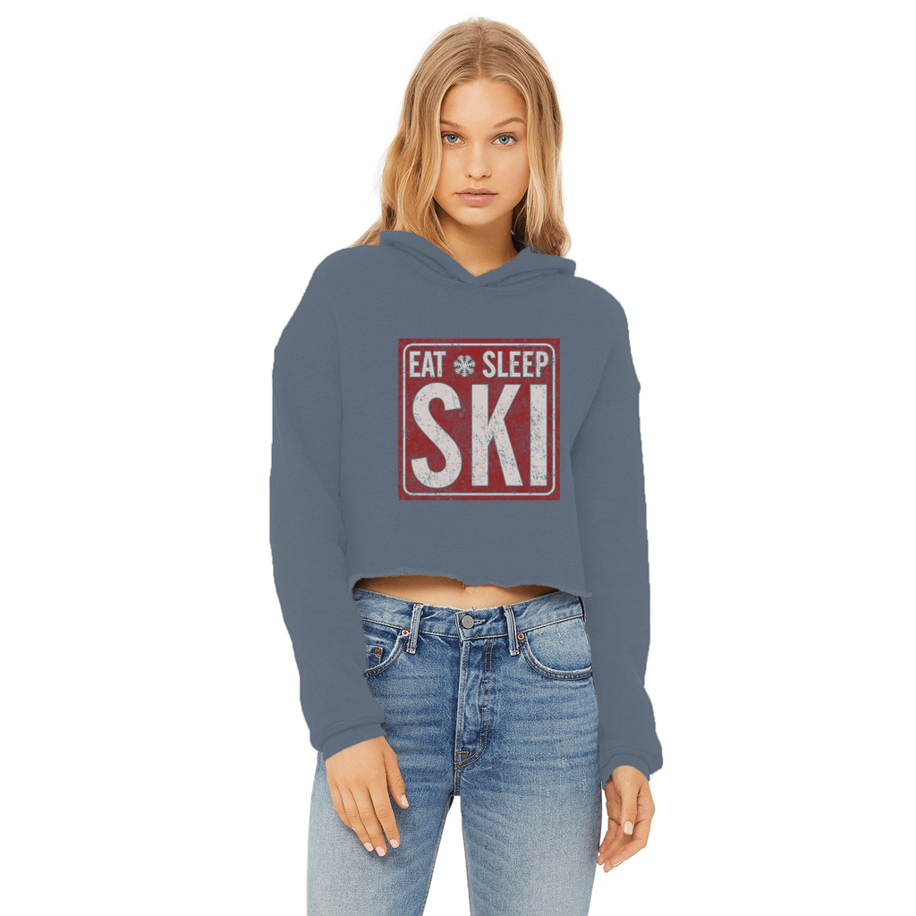 Eat Sleep Ski Ladies Cropped Raw Edge Hoodie - Powderaddicts