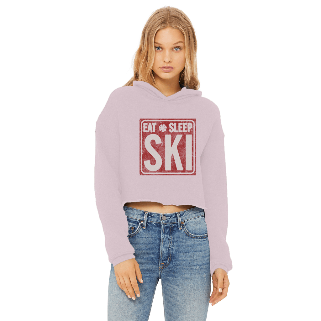 Eat Sleep Ski Ladies Cropped Raw Edge Hoodie - Powderaddicts