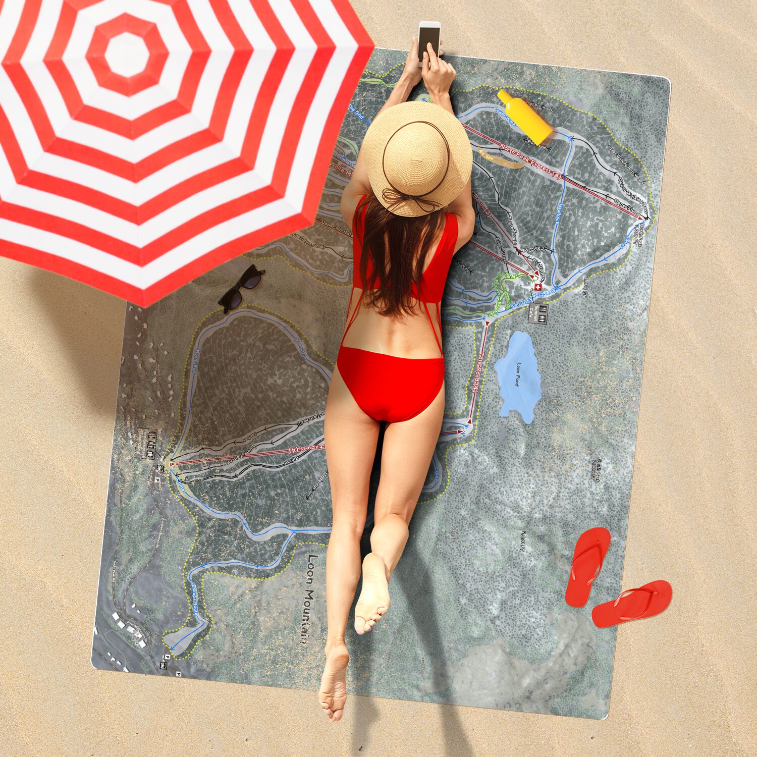 Loon Mountain, New Hampshire Ski Resort Map Printed Beach Towel - Powderaddicts