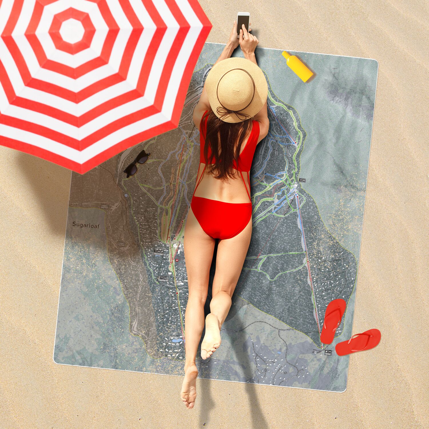 Sugarloaf, Maine Ski Resort Map Printed Beach Towel - Powderaddicts