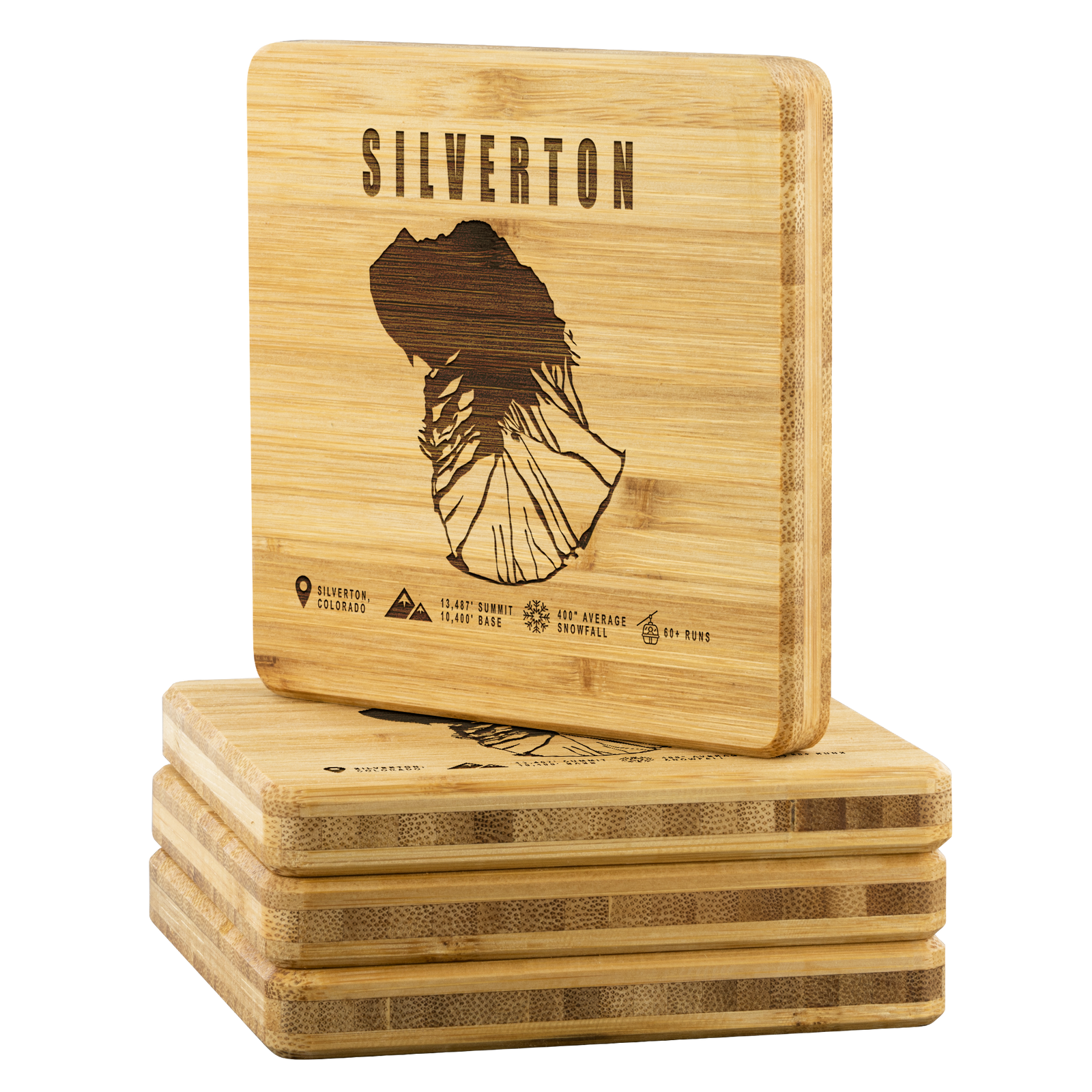 Silverton Colorado Ski Trail Map Bamboo Coaster - Powderaddicts