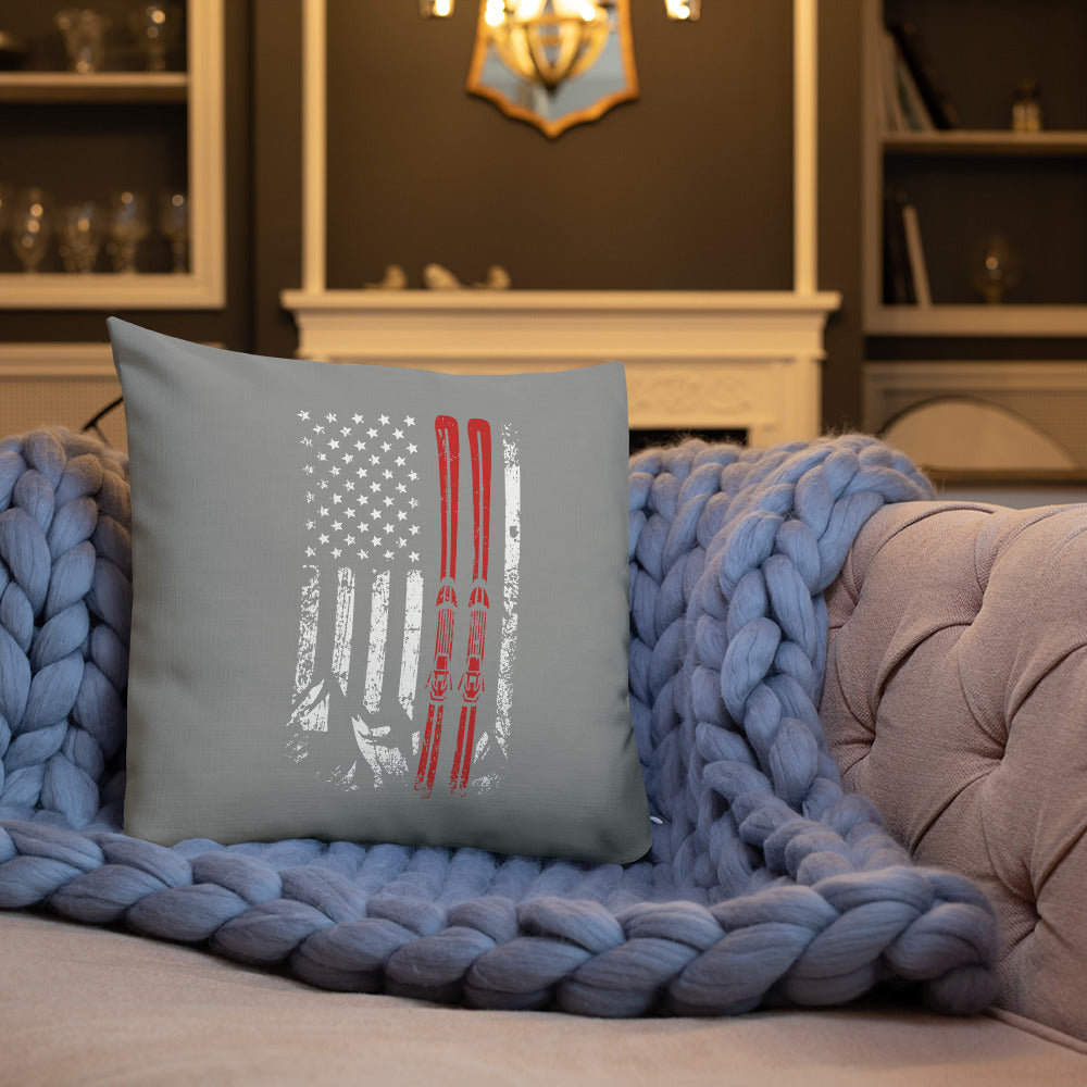 Ski USA Flag Grey Premium Pillow - Powderaddicts