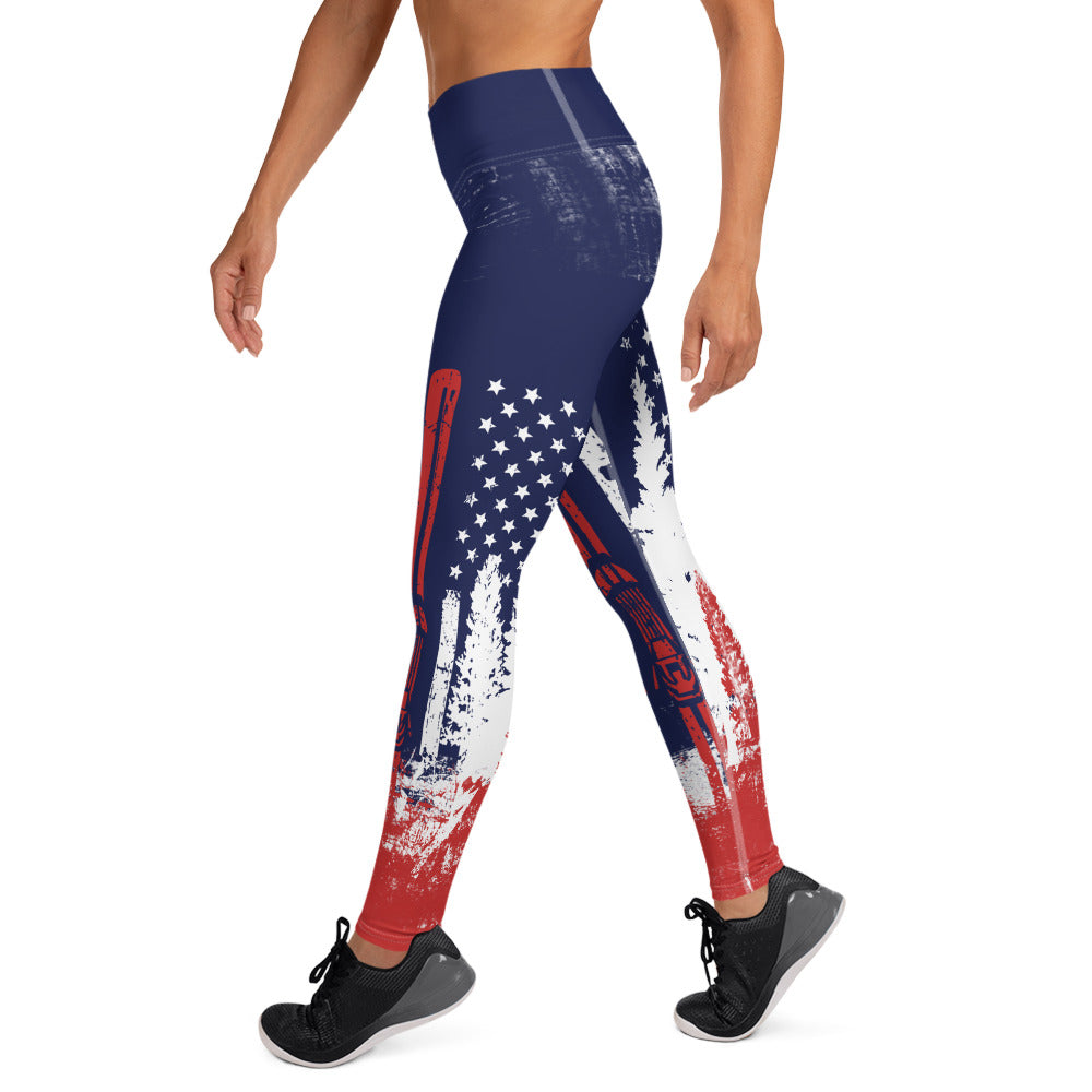 USA Ski Flag Red Yoga Leggings - Powderaddicts