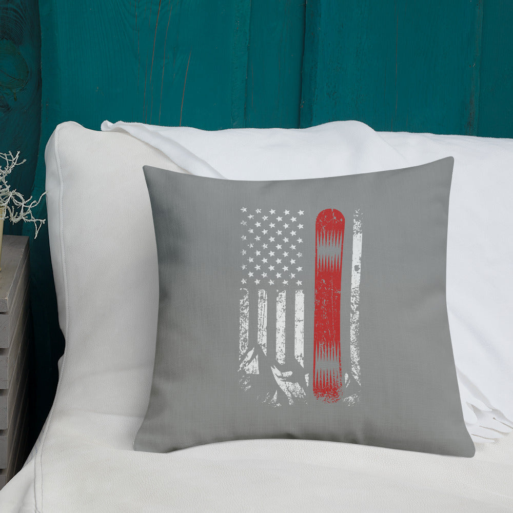 Snowboard USA Flag Grey Premium Pillow - Powderaddicts