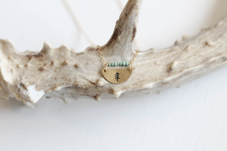STAMPED HALFMOON TURQUOISE TREE NECKLACE - Powderaddicts
