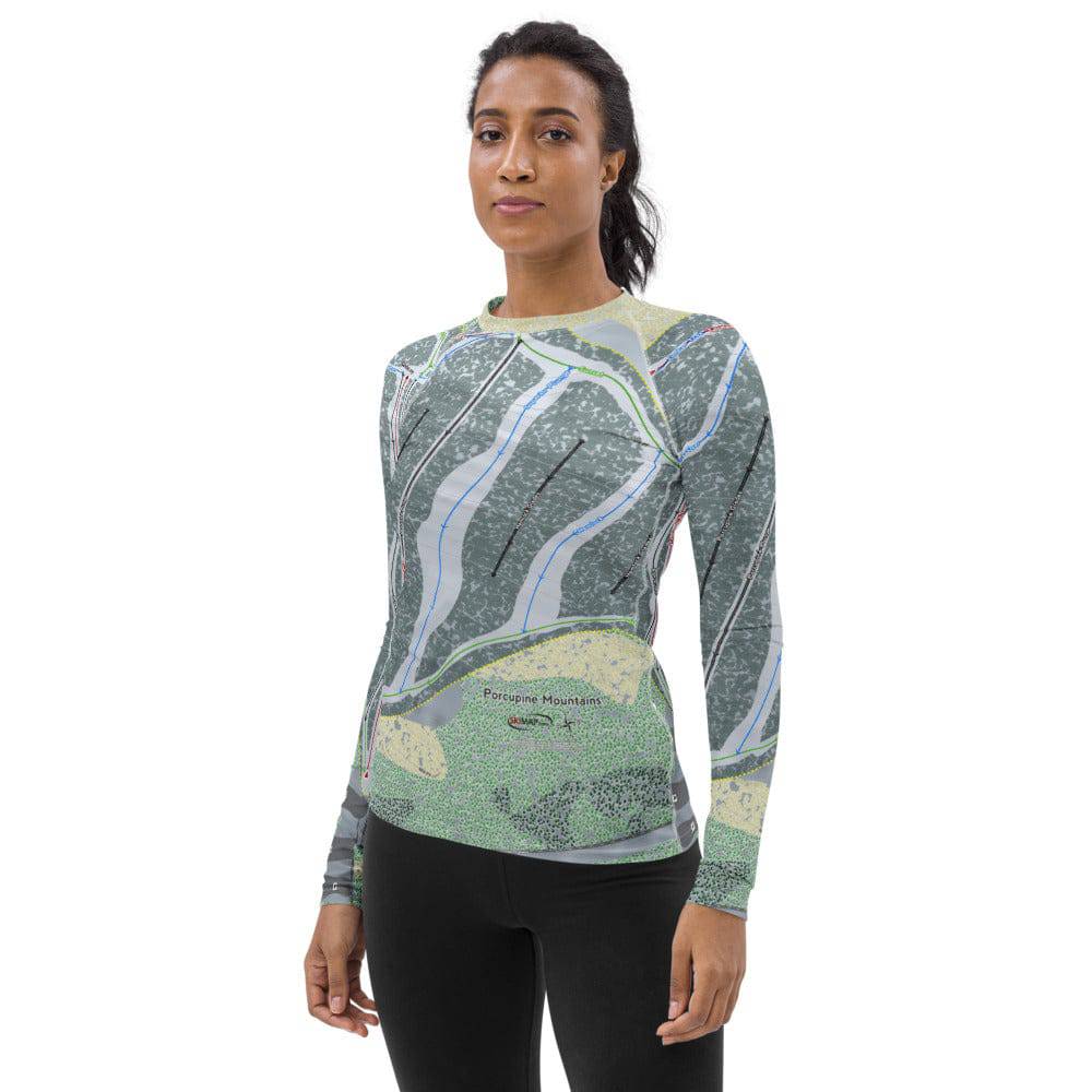 Porcupine Mountains, Michigan Ski Trail Map Women's Base Layer Top - Powderaddicts