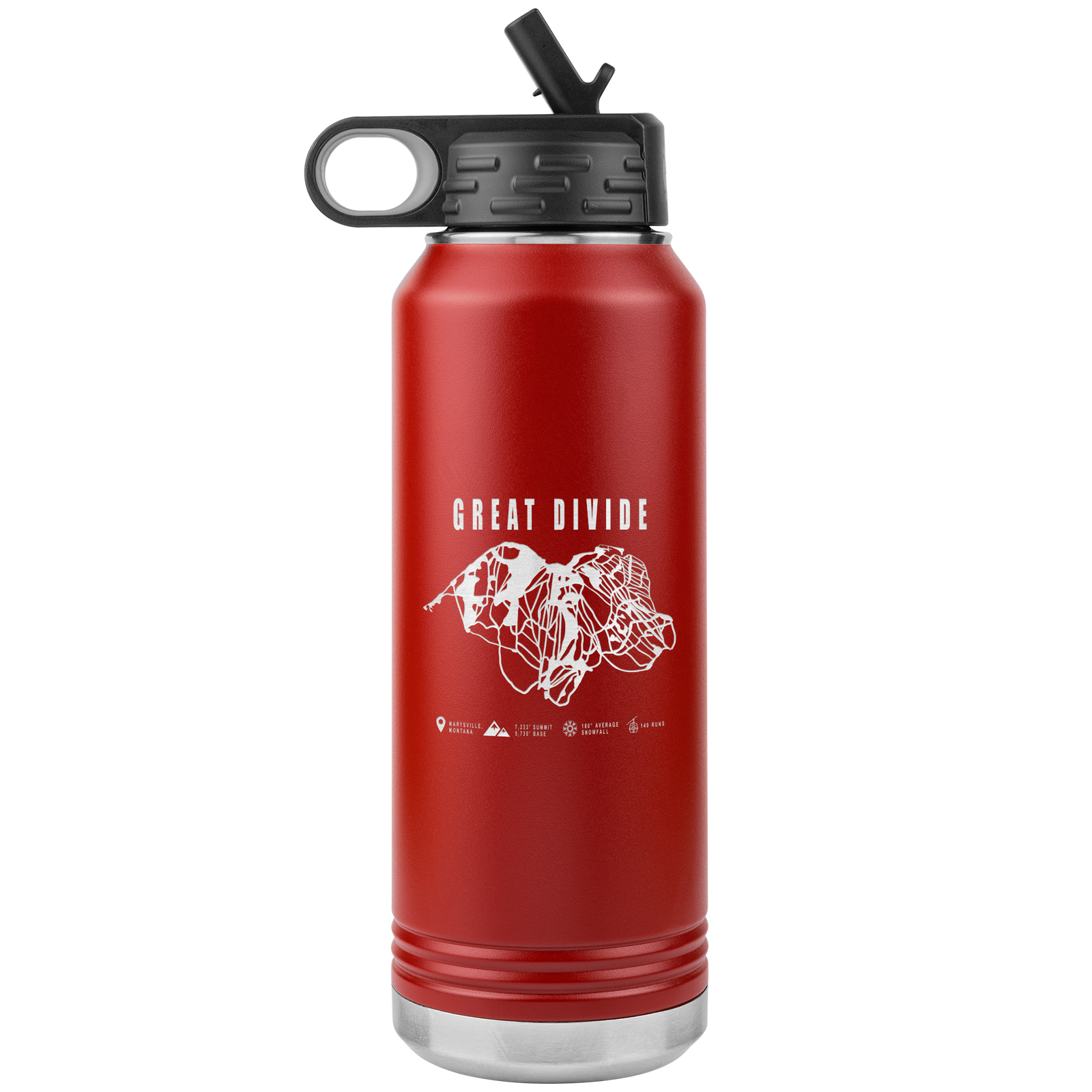 Great Divide Montana Ski Trail Map 32oz Water Bottle Tumbler - Powderaddicts