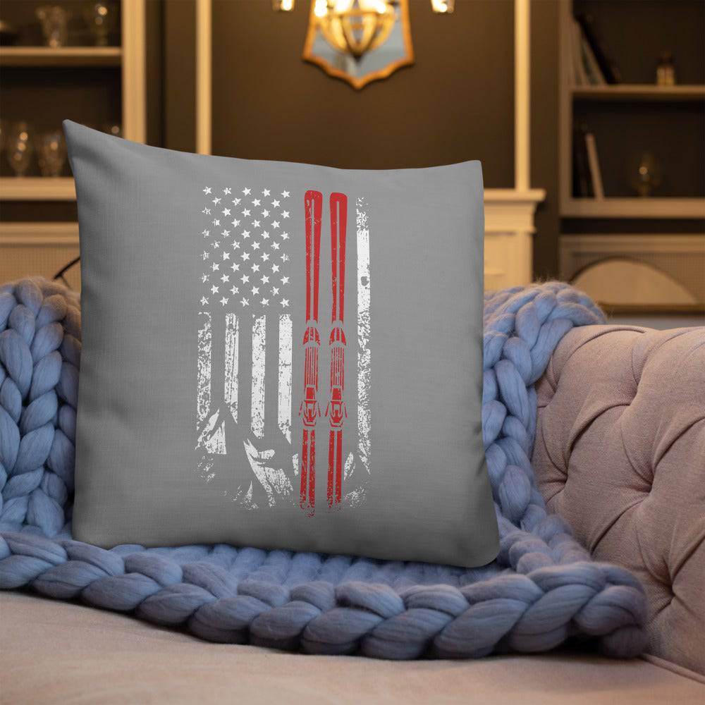 Ski USA Flag Grey Premium Pillow - Powderaddicts