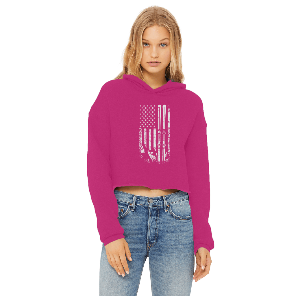 USA Ski Flag Ladies Cropped Raw Edge Hoodie - Powderaddicts