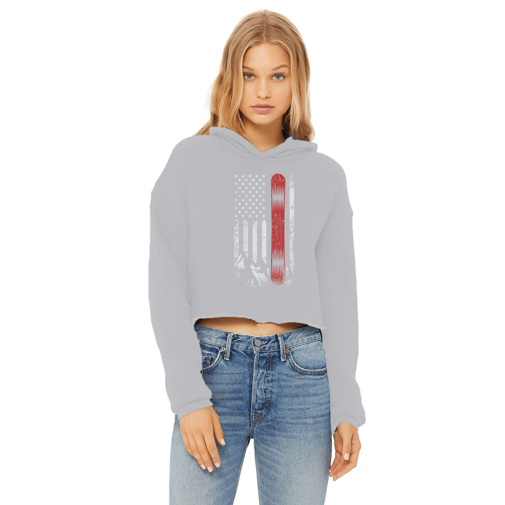 USA Snowboard Flag Thin Red Line Ladies Cropped Raw Edge Hoodie - Powderaddicts
