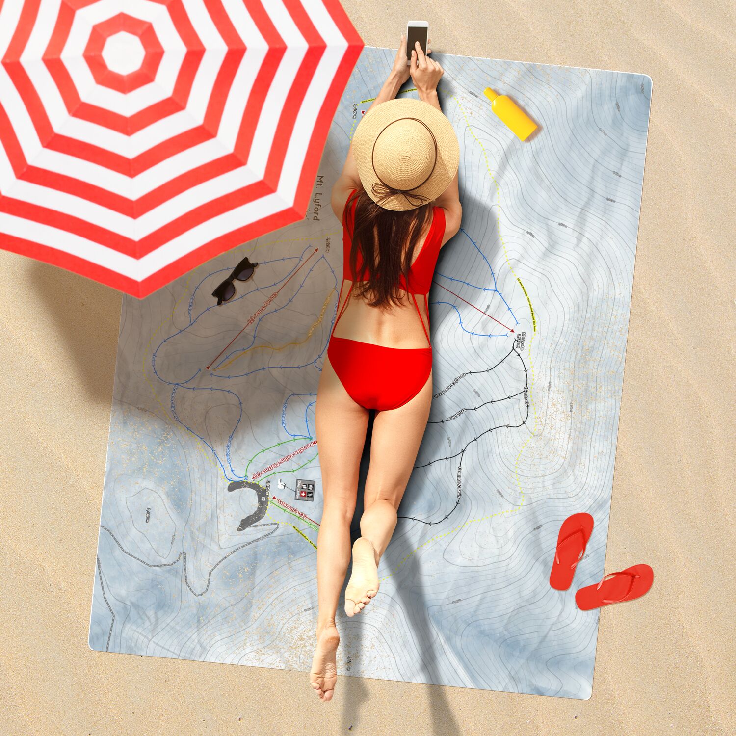 Mt Lyford, New Zealand Ski Resort Map Printed Beach Towel