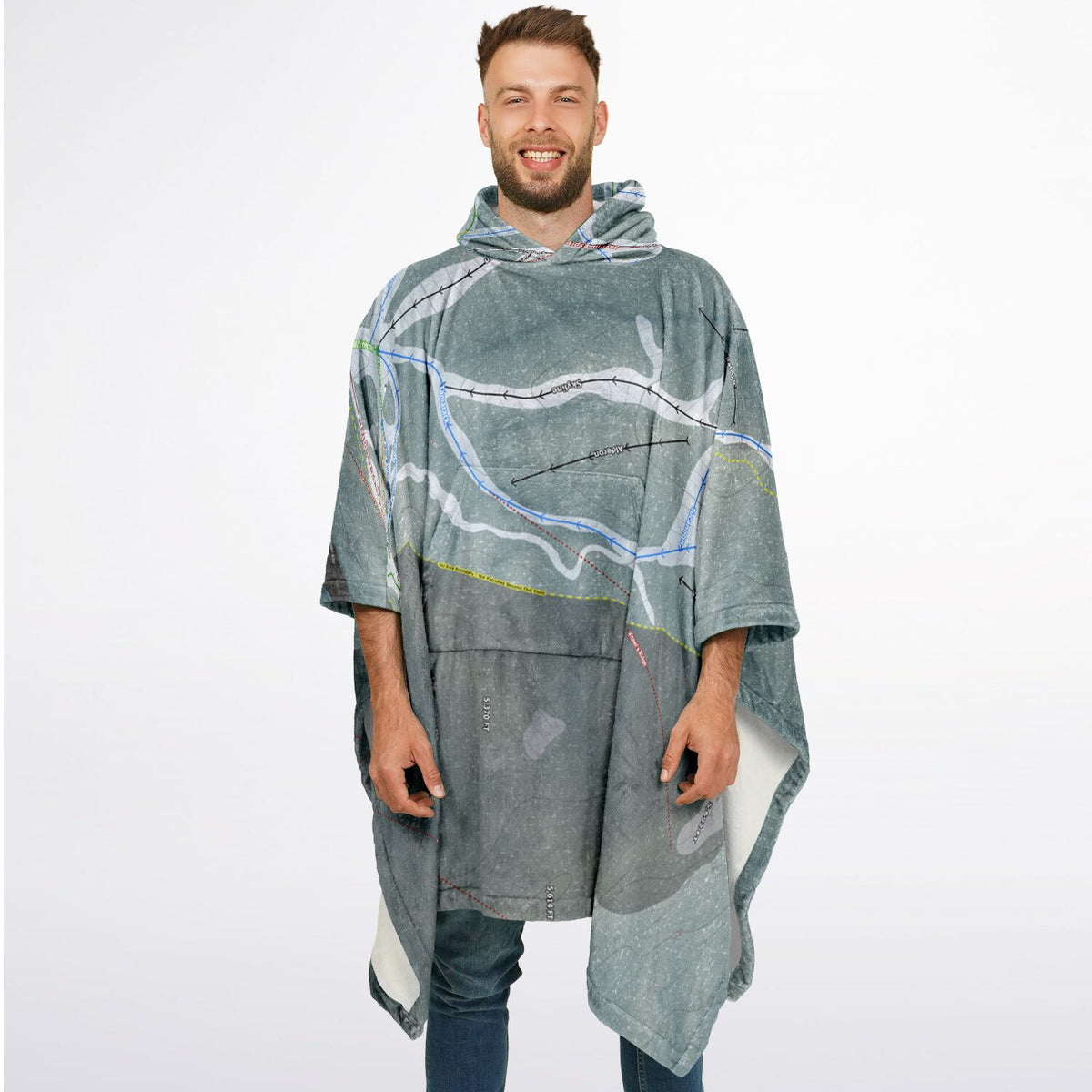 Bluewood, Washington Ski Resort Map Flannel Blanket Poncho