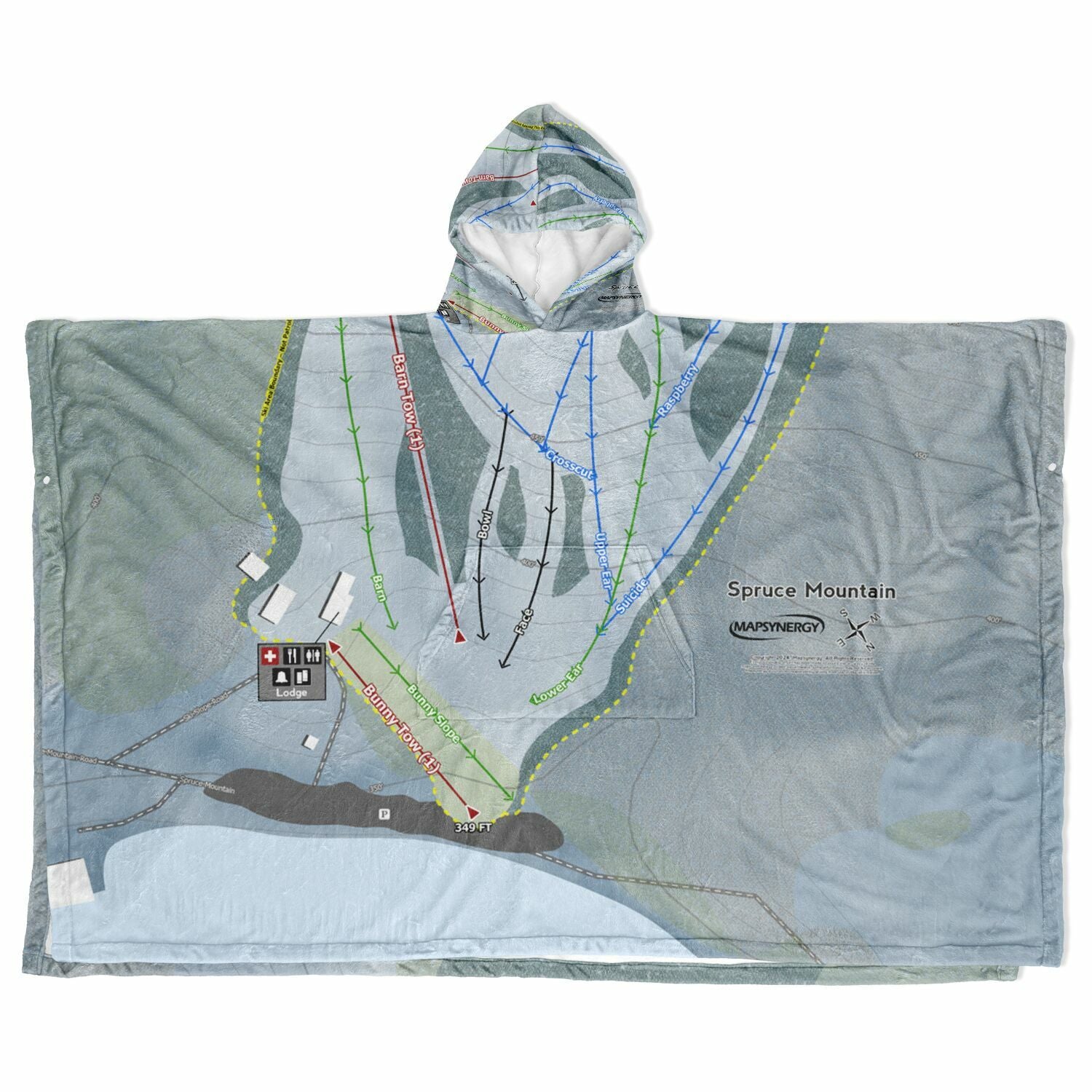 Spruce Mountain, Maine Ski Resort Map Flannel Blanket Poncho