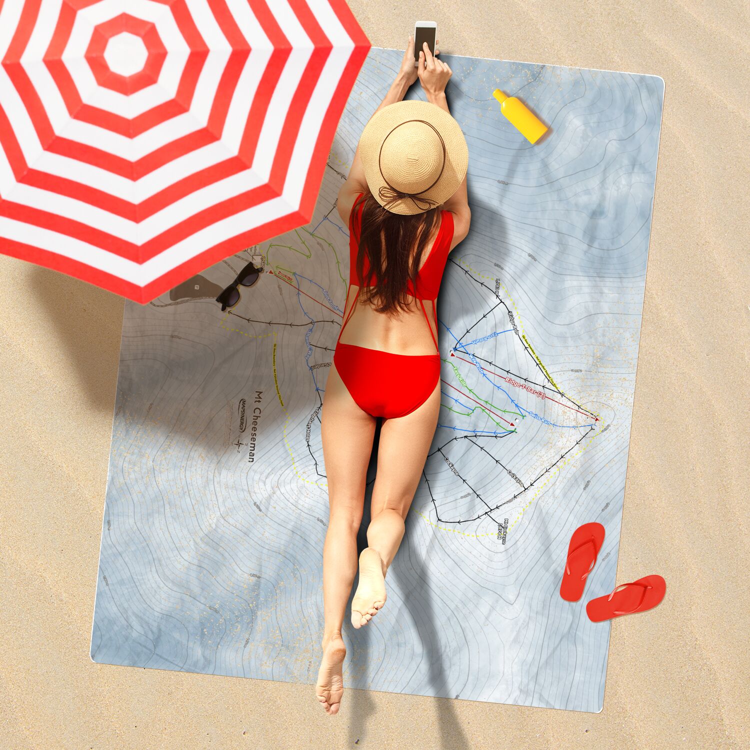 Mt Cheeseman, New Zealand Ski Resort Map Printed Beach Towel