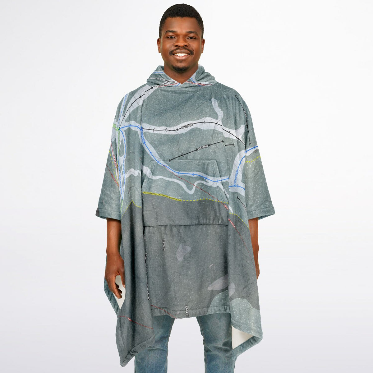 Bluewood, Washington Ski Resort Map Flannel Blanket Poncho