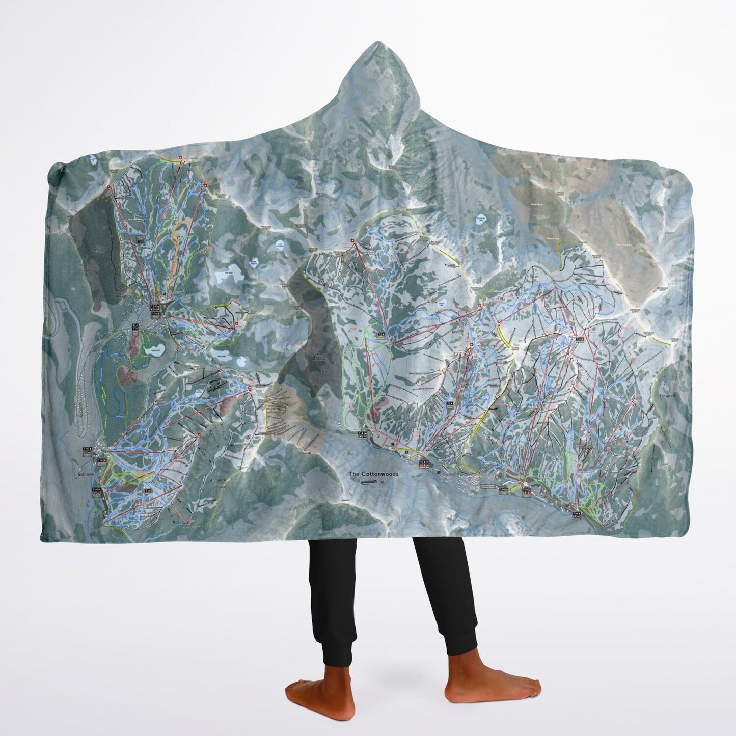 The Cottonwoods, Utah Ski Trail Map - Youth Hooded Blanket