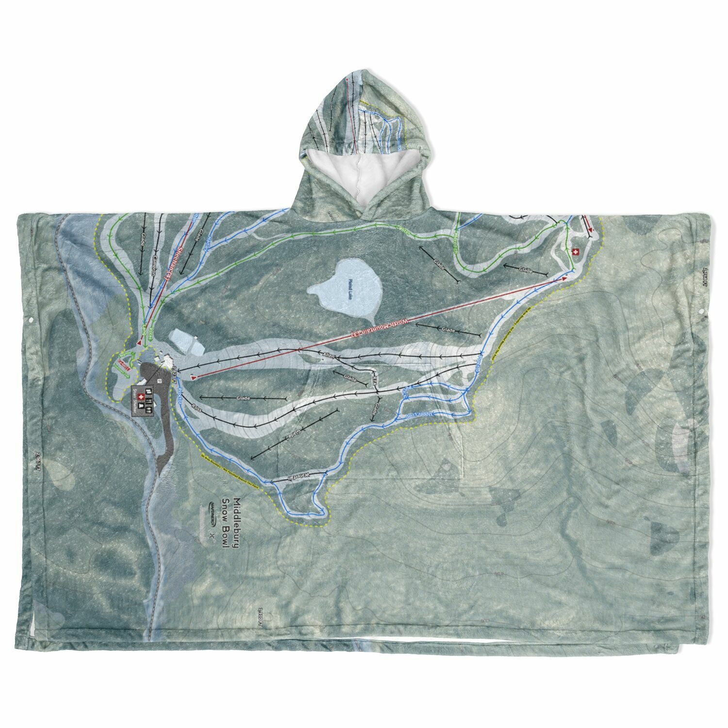 Middlebury Snow Bowl, Vermont Ski Resort Map Flannel Blanket Poncho