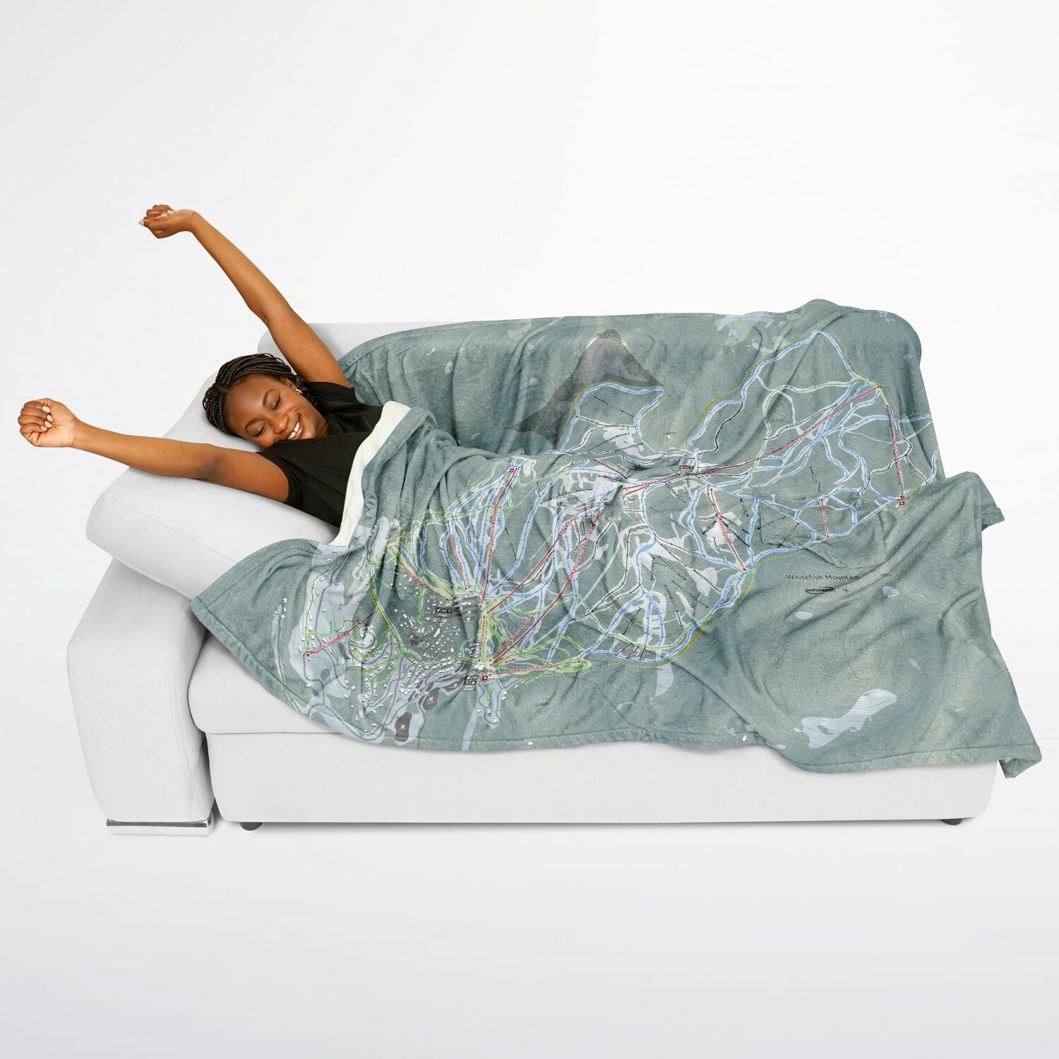 Whitefish Mountain, Montana Ski Resort Map Flannel Blanket Poncho