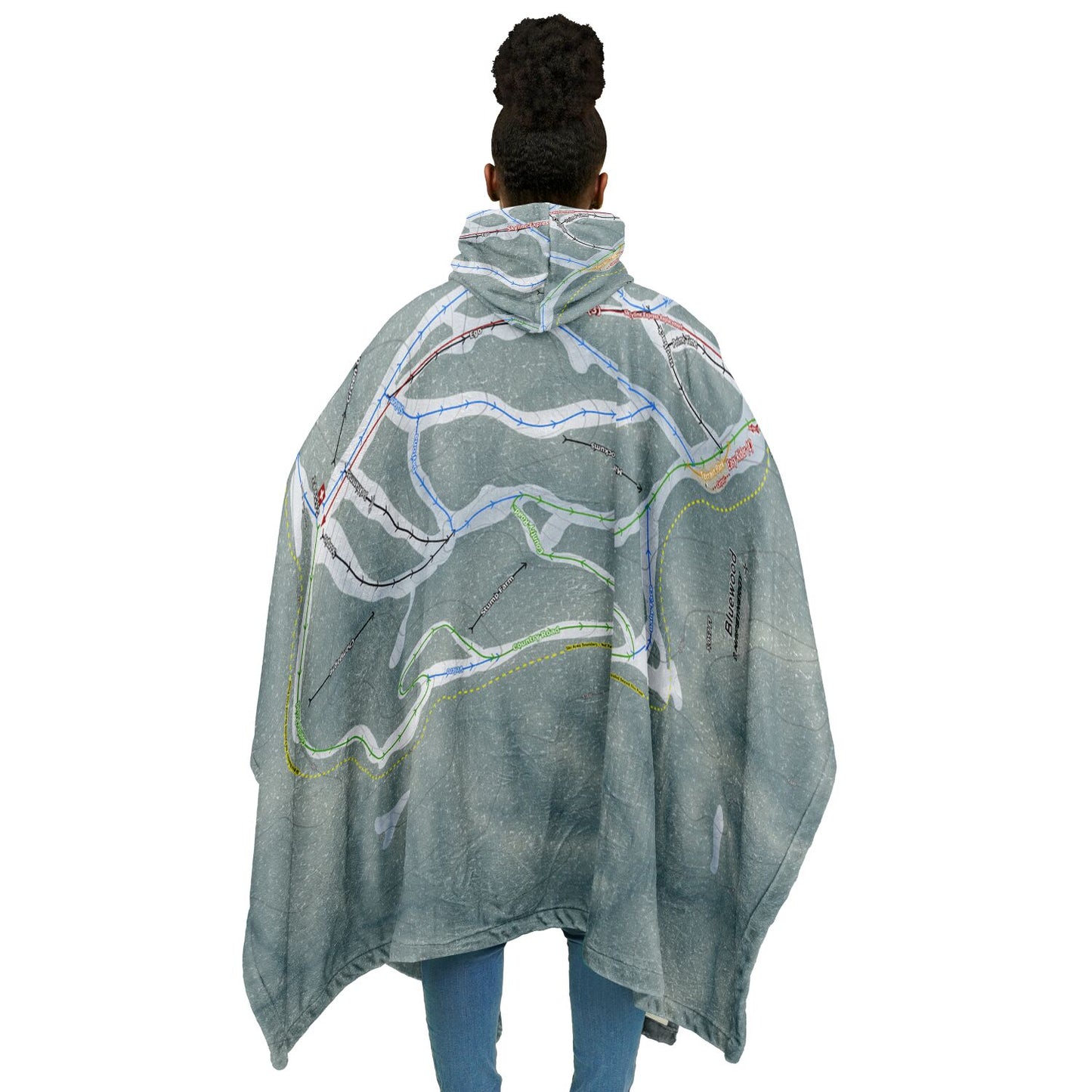 Bluewood, Washington Ski Resort Map Flannel Blanket Poncho