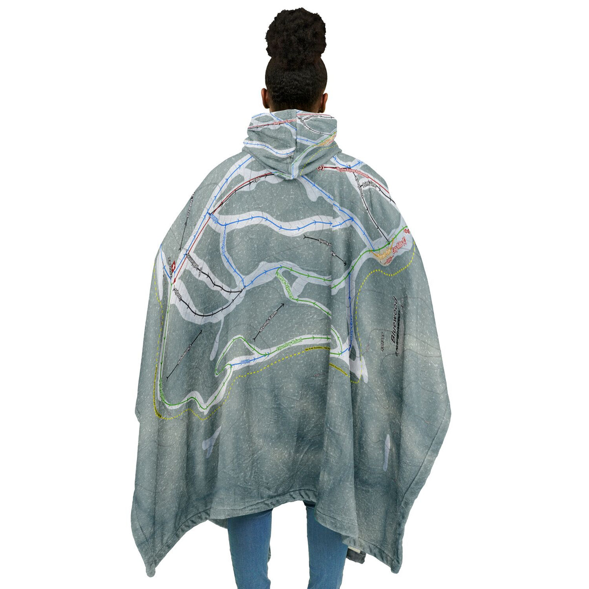 Bluewood, Washington Ski Resort Map Flannel Blanket Poncho