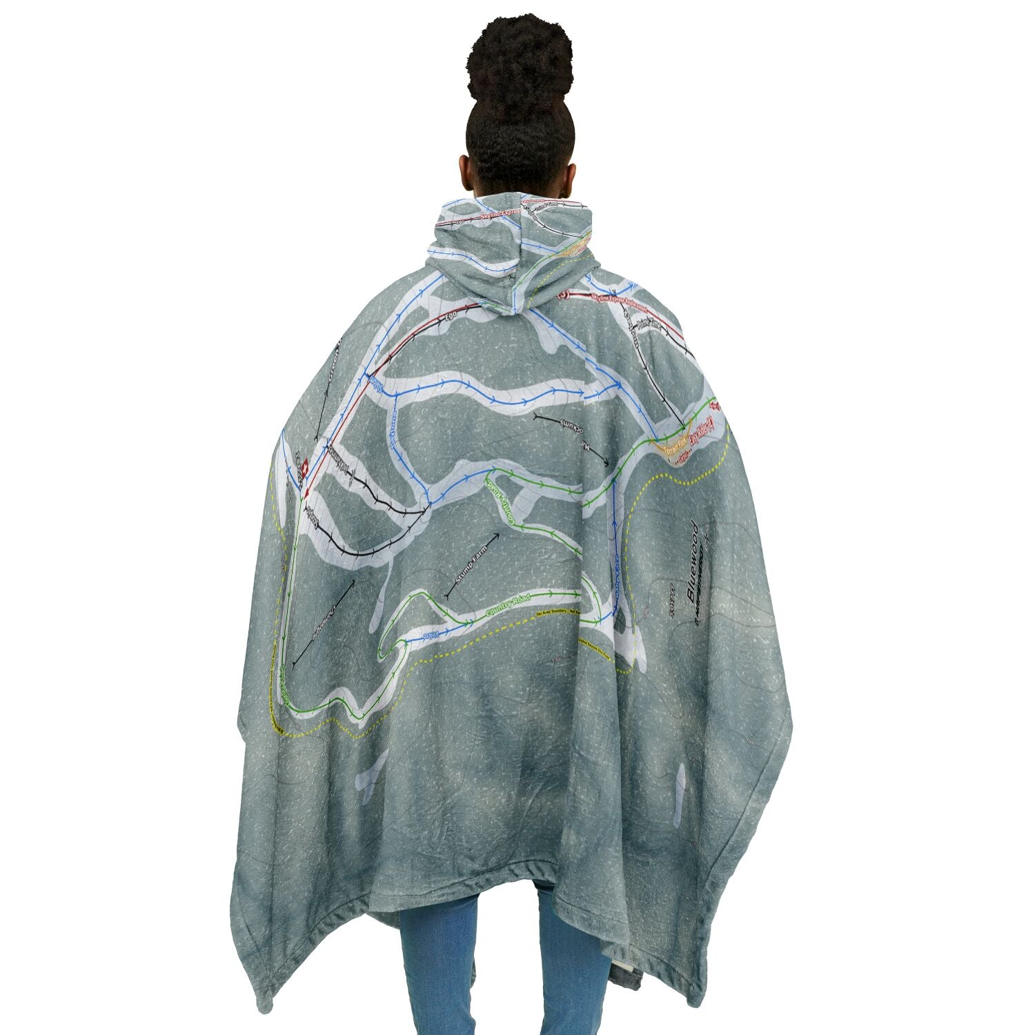 Bluewood, Washington Ski Resort Map Flannel Blanket Poncho