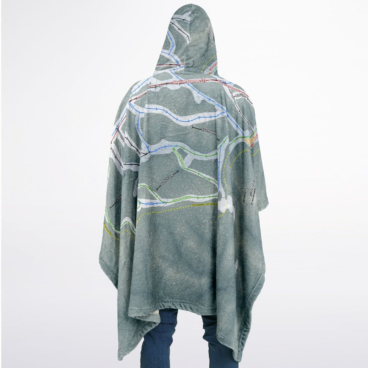 Bluewood, Washington Ski Resort Map Flannel Blanket Poncho