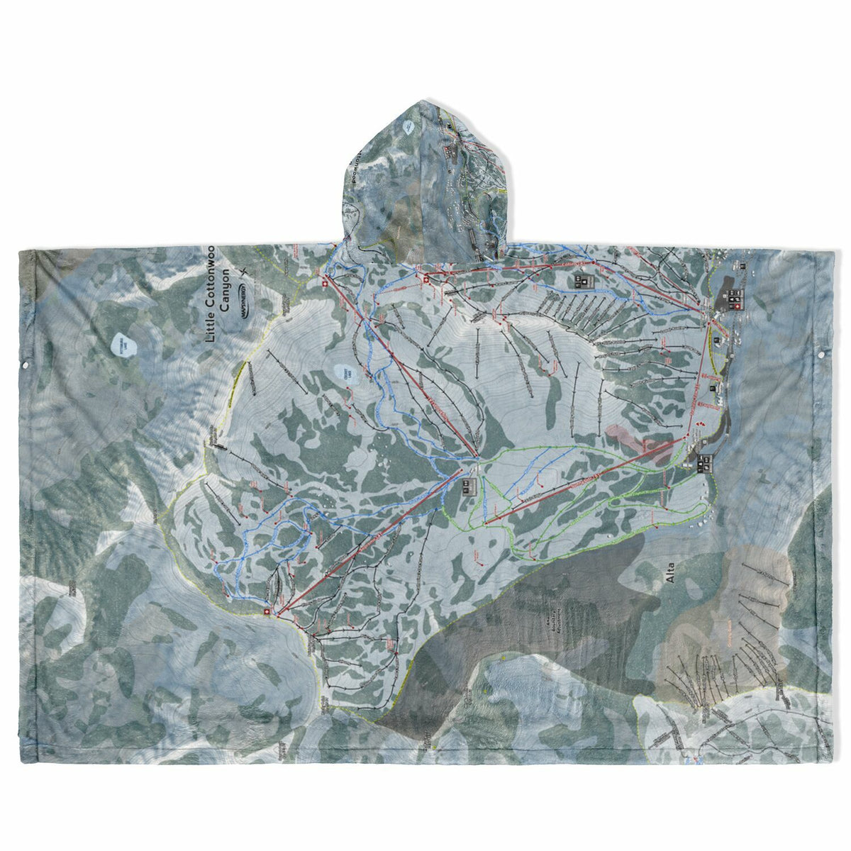 Little Cottonwood Canyon, Utah Ski Resort Map Flannel Blanket Poncho