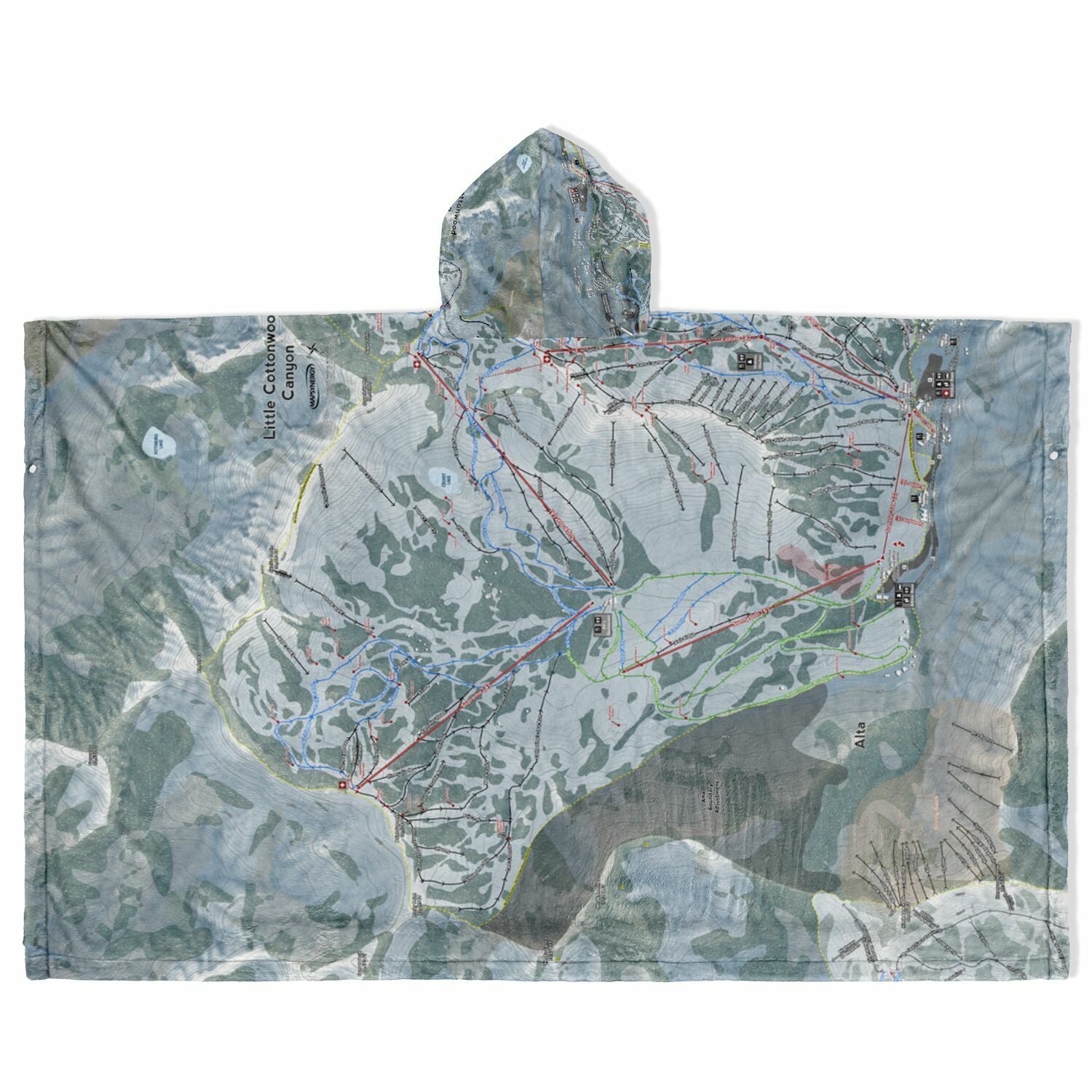 Little Cottonwood Canyon, Utah Ski Resort Map Flannel Blanket Poncho
