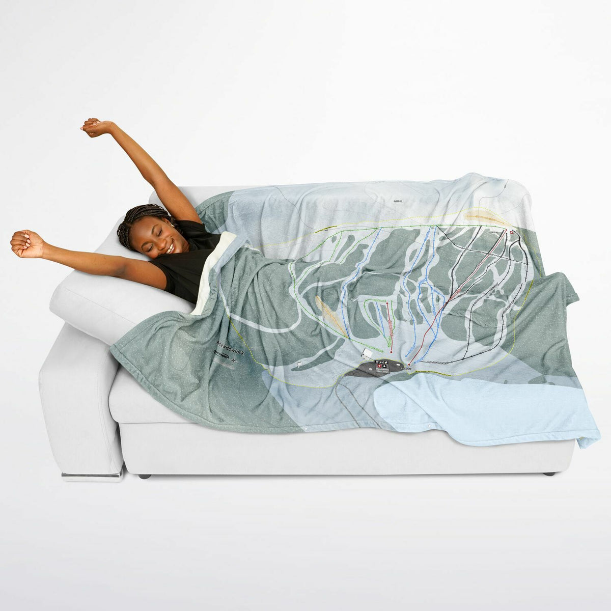 Meadowlark, Wyoming Ski Resort Map Flannel Blanket Poncho