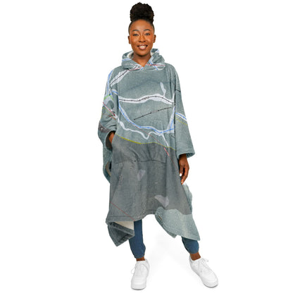 Bluewood, Washington Ski Resort Map Flannel Blanket Poncho