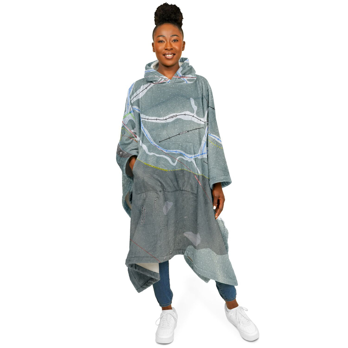 Bluewood, Washington Ski Resort Map Flannel Blanket Poncho