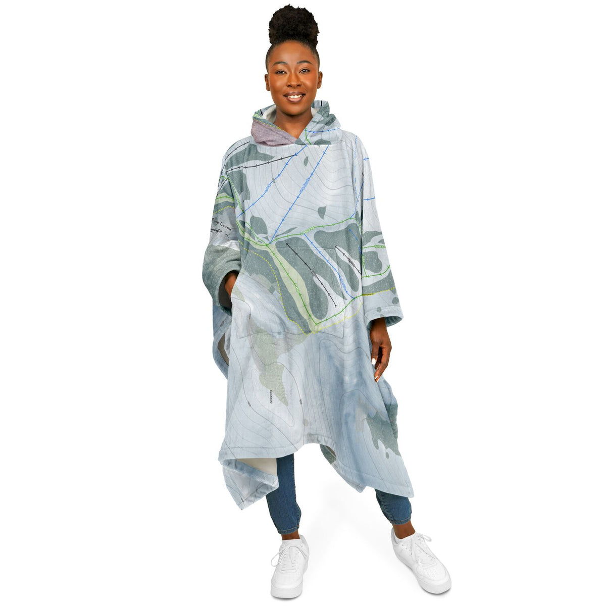 Pine Creek, Wyoming Ski Resort Map Flannel Blanket Poncho