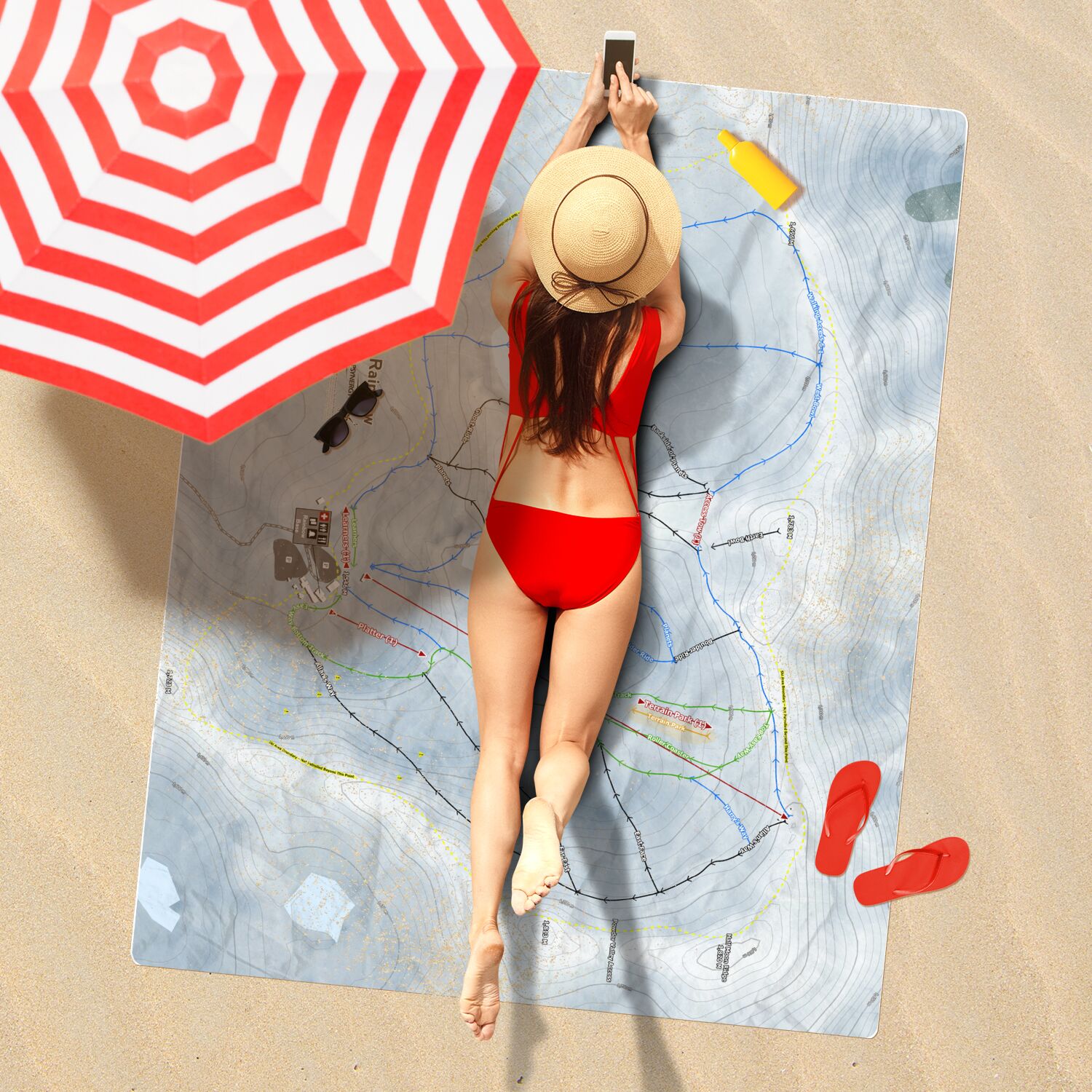 Rainbow, New Zealand Ski Resort Map Printed Beach Towel