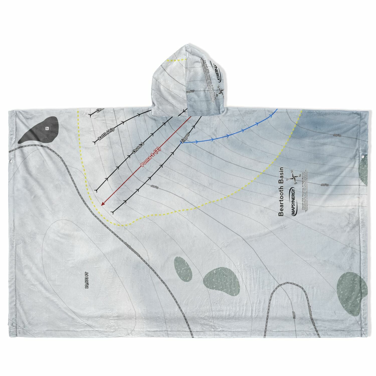 Beartooth Basin, Wyoming Ski Resort Map Flannel Blanket Poncho