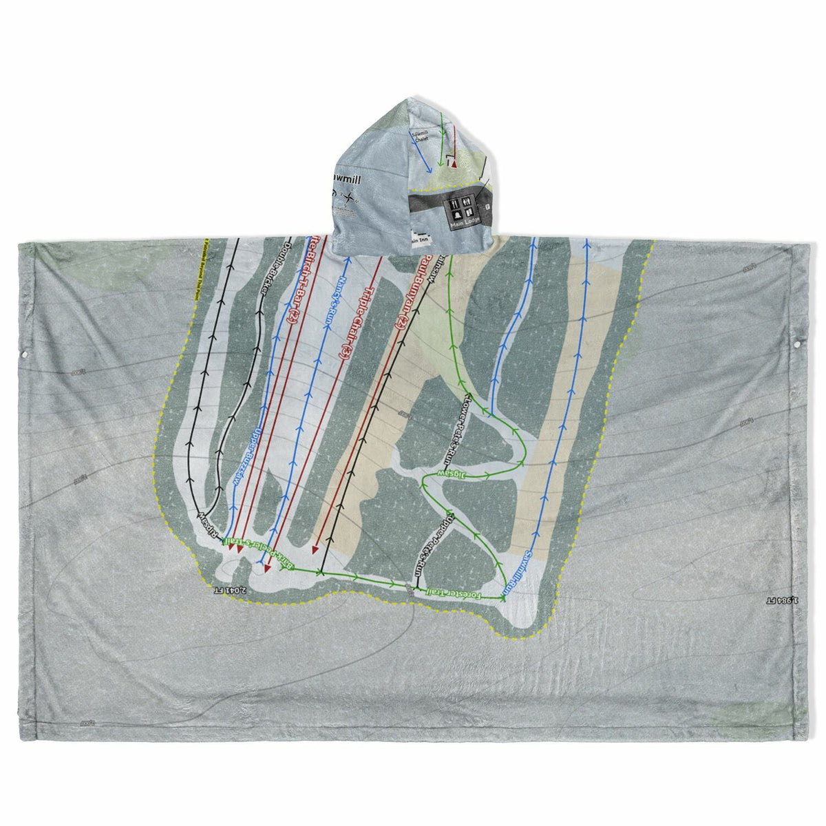 Ski Sawmill, Pennsylvania Ski Resort Map Flannel Blanket Poncho
