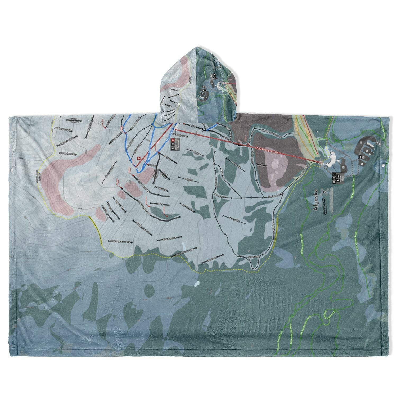 Alyeska, Alaska Ski Resort Map Flannel Blanket Poncho