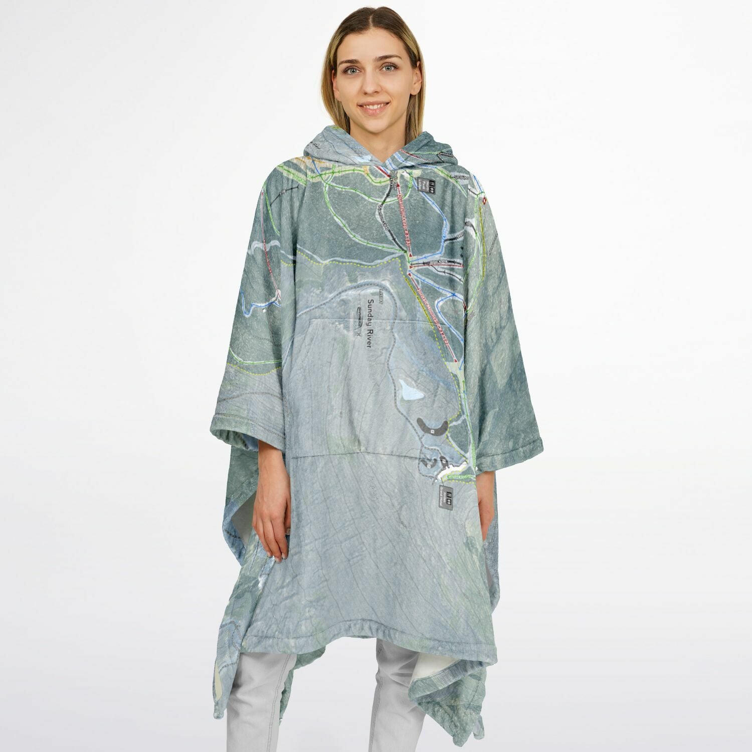 Sunday River, Maine Ski Resort Map Flannel Blanket Poncho