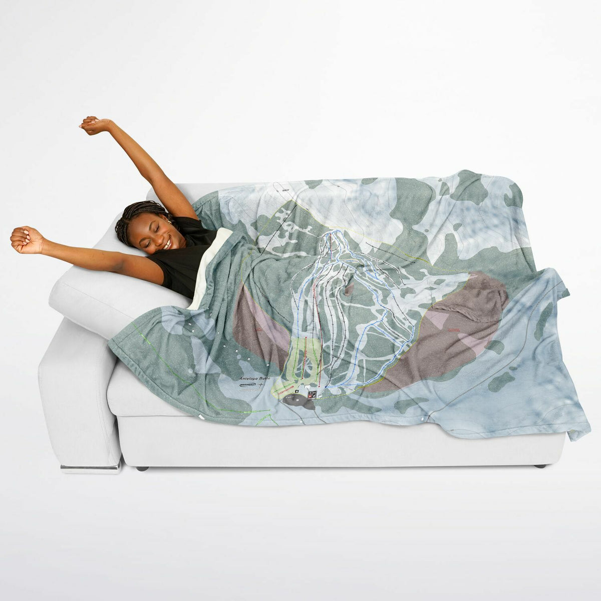 Antelope Butte, Wyoming Ski Resort Map Flannel Blanket Poncho