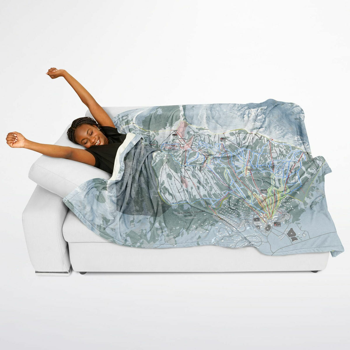 Jackson Hole Mountain, Wyoming Ski Resort Map Flannel Blanket Poncho