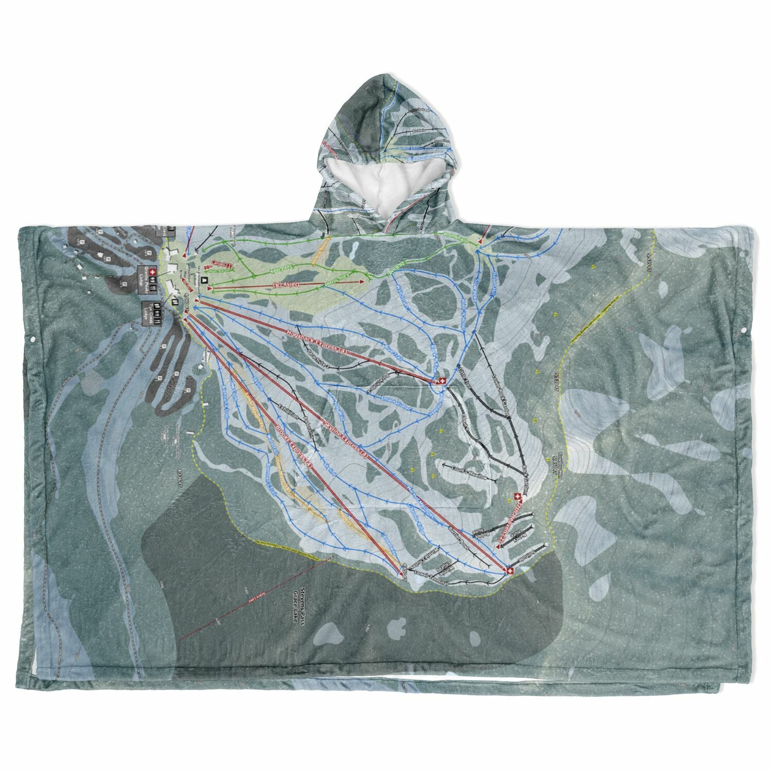 Stevens Pass, Washington Ski Resort Map Flannel Blanket Poncho