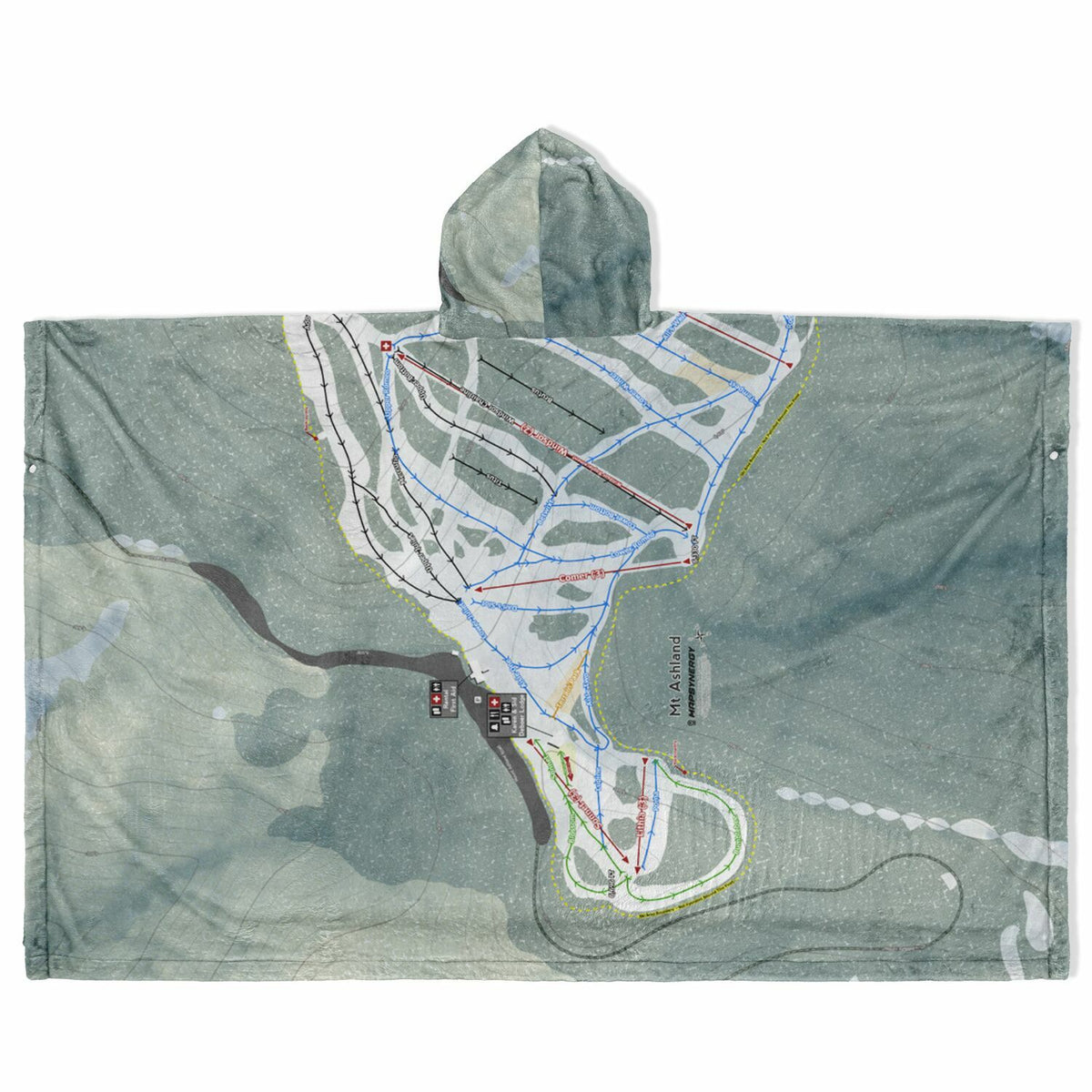 Mt Ashland, Oregon Ski Resort Map Flannel Blanket Poncho