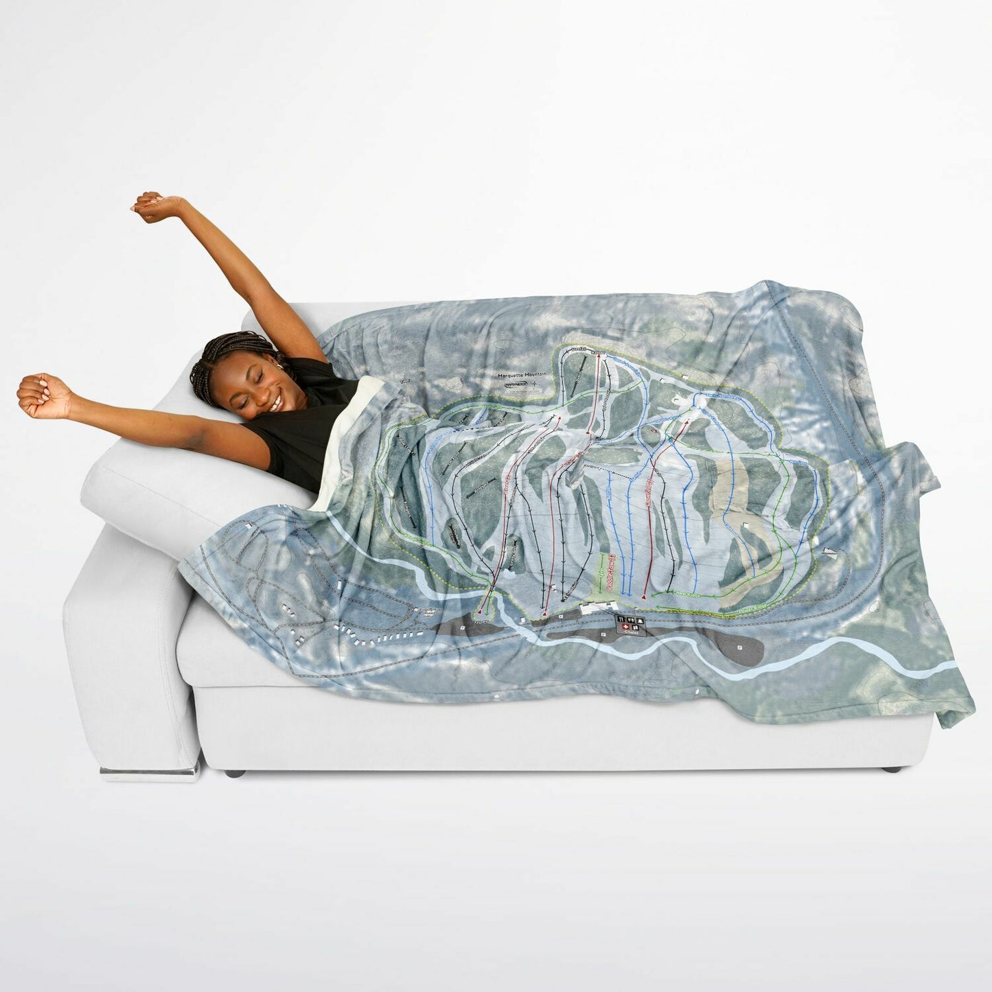 Marquette Mountain, Michigan Ski Resort Map Flannel Blanket Poncho