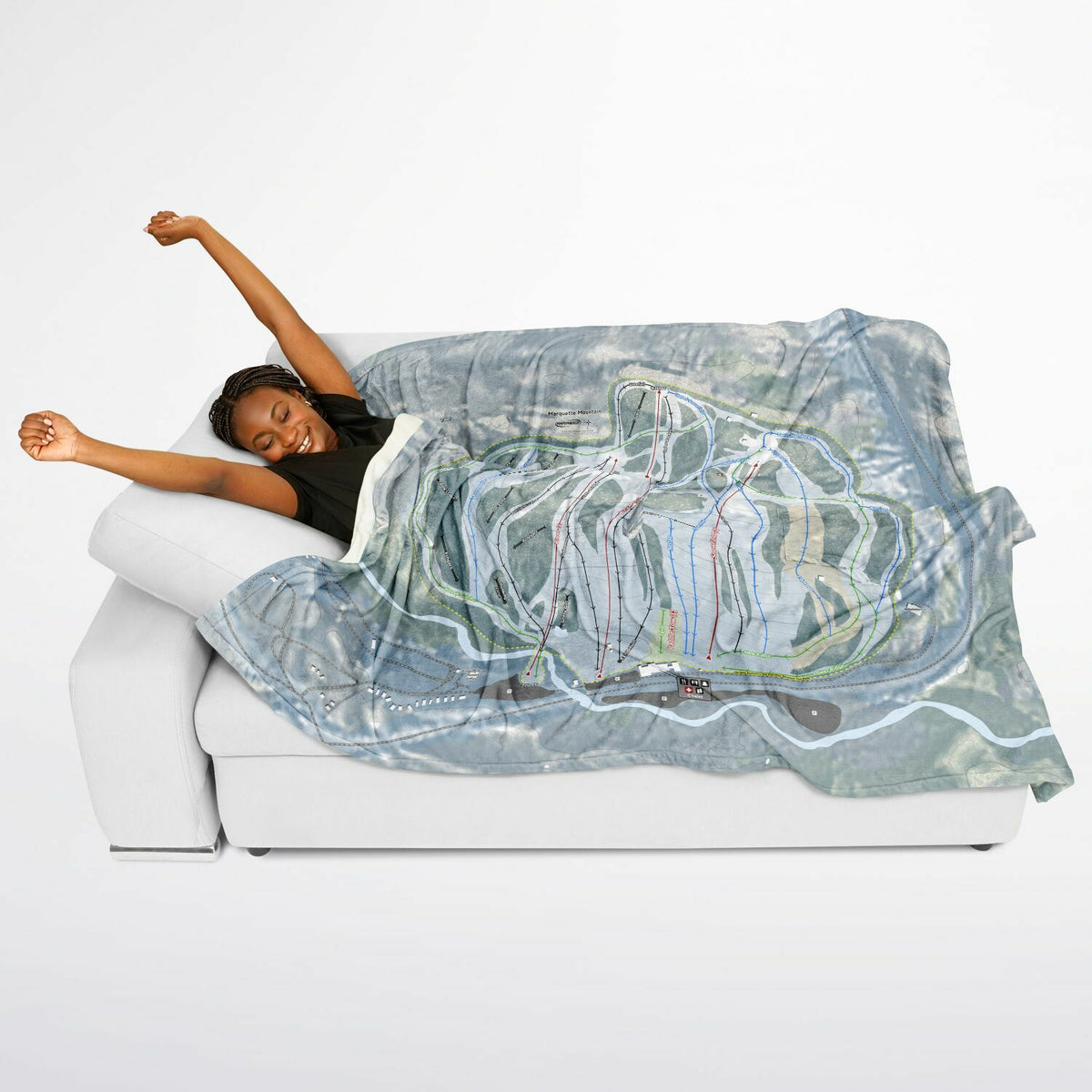 Marquette Mountain, Michigan Ski Resort Map Flannel Blanket Poncho