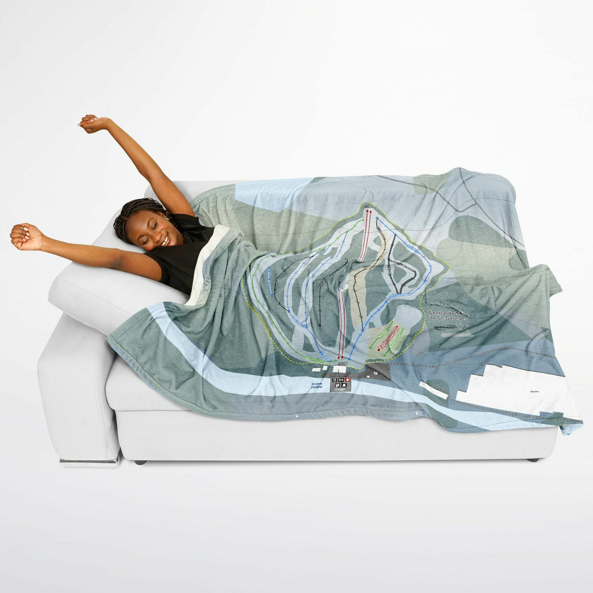 Centre de Ski de St-Georges, Quebec Ski Resort Map Flannel Blanket Poncho