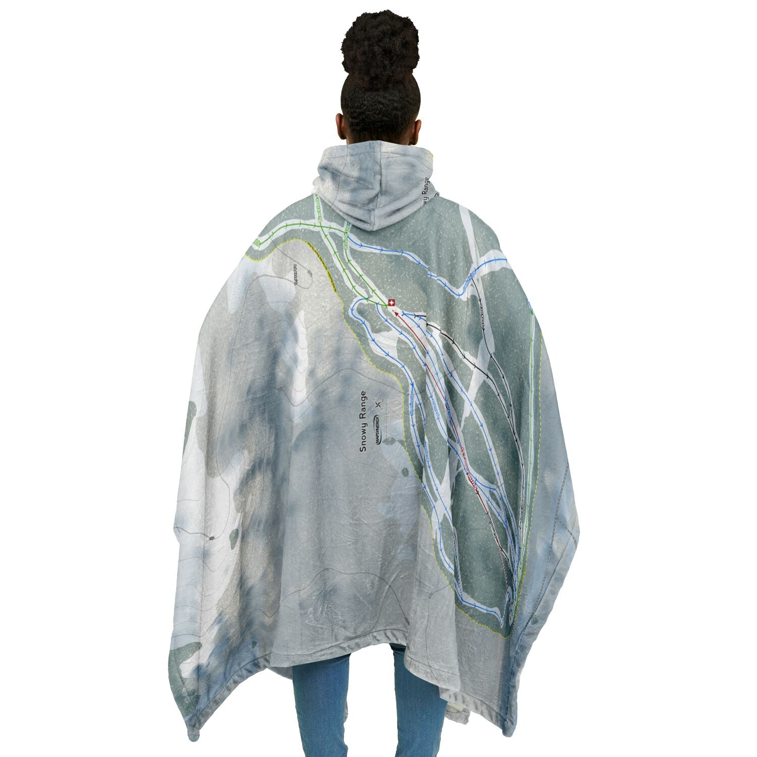 Snowy Range, Wyoming Ski Resort Map Flannel Blanket Poncho
