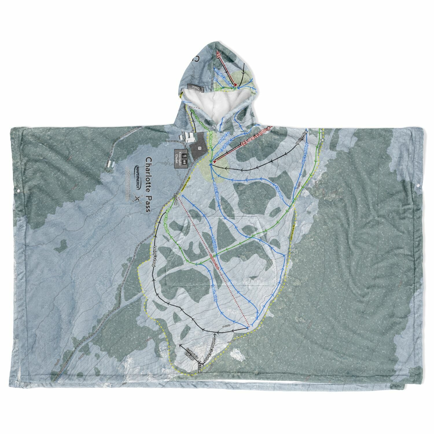 Charlotte Pass, Australia Ski Resort Map Flannel Blanket Poncho - Powderaddicts
